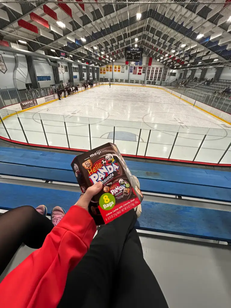 figure skater at the arena with snacks